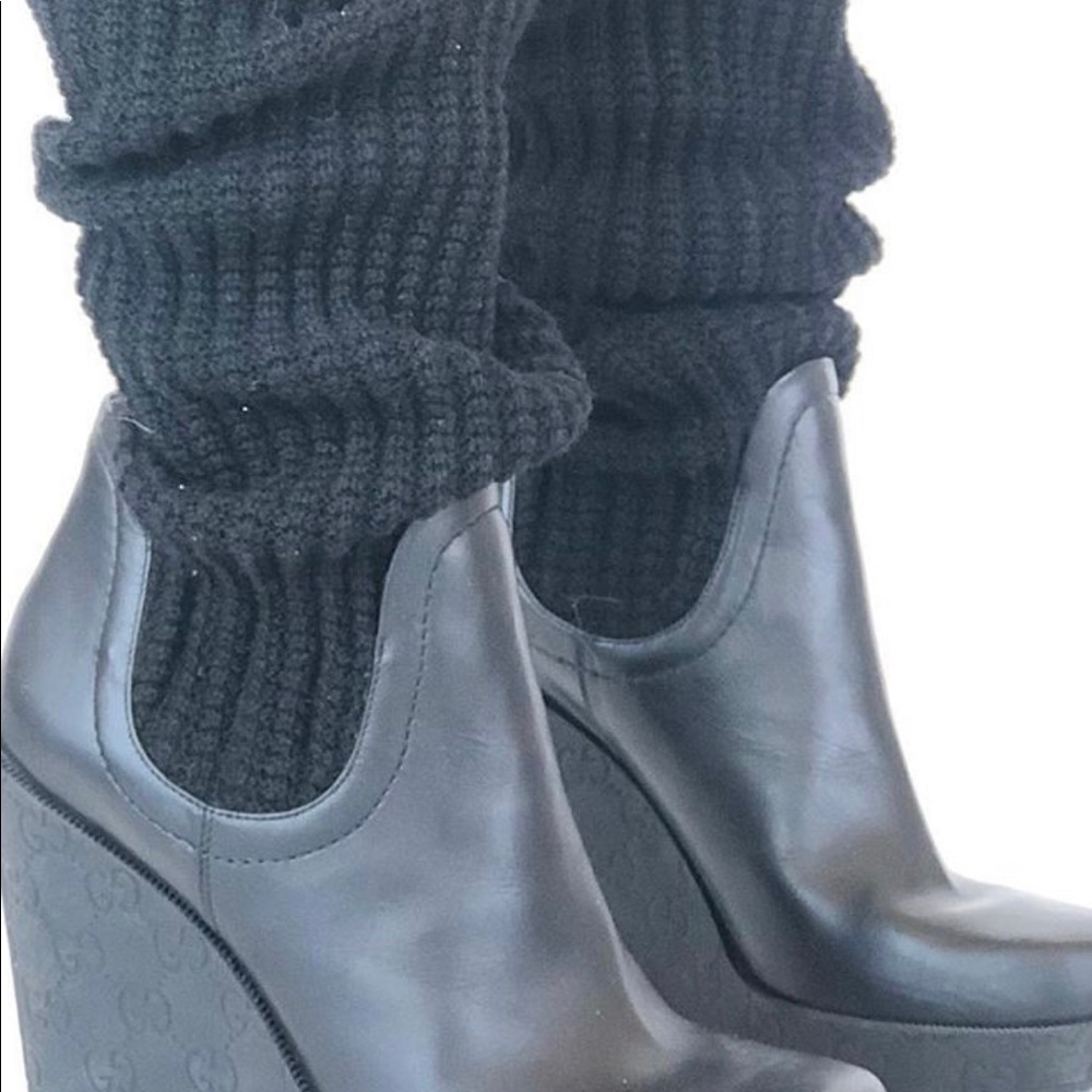 Gucci Black Leather Logo Knit Wool OTK Wedge Boots - Picture 3 of 9